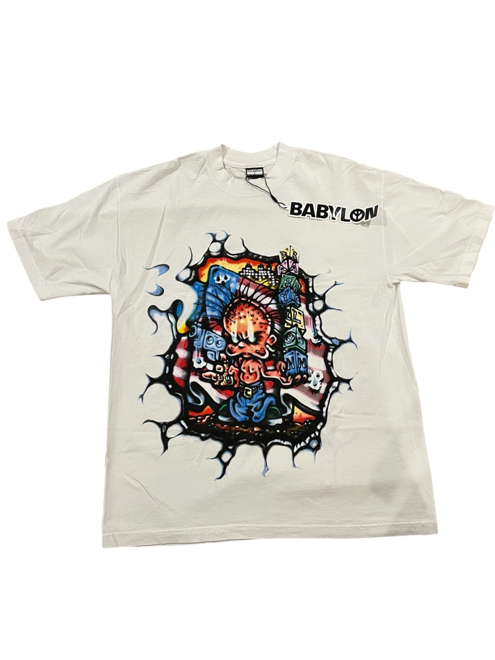 Babylon White Graphic Tee with Colorful Airbrush Design